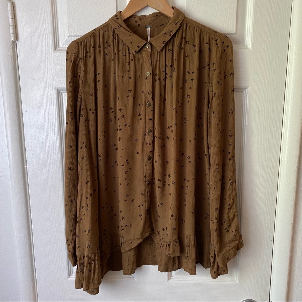 Free People Brown Button Down Blouse Star Print L
